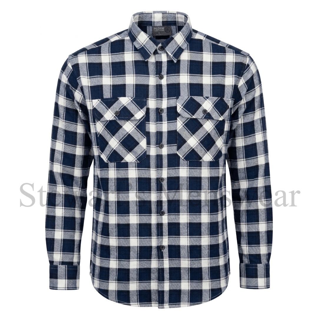 Pilgrim Men's flannelette shirt in Navy and white plaid available from Stewart's Menswear, Mullumbimby.