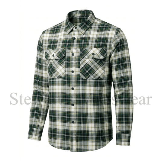 Pilgrim Men's flannelette shirt in Green and white plaid available from Stewart's Menswear, Mullumbimby.