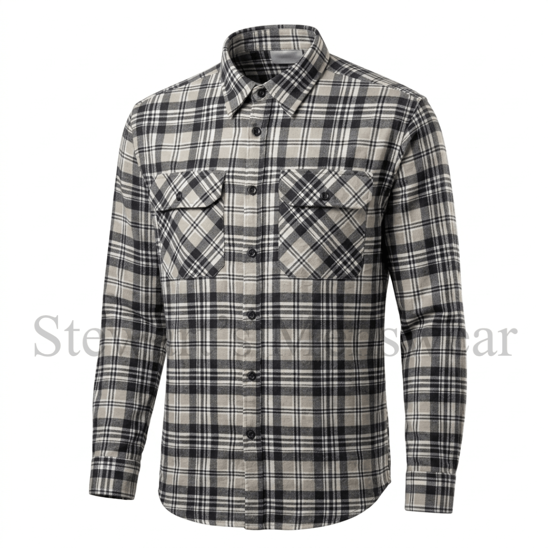 Pilgrim Men's flannelette shirt in Grey and Black plaid available from Stewart's Menswear, Mullumbimby.