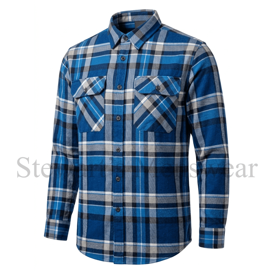 Pilgrim Men's flannelette shirt in Indigo and Navy plaid available from Stewart's Menswear, Mullumbimby.
