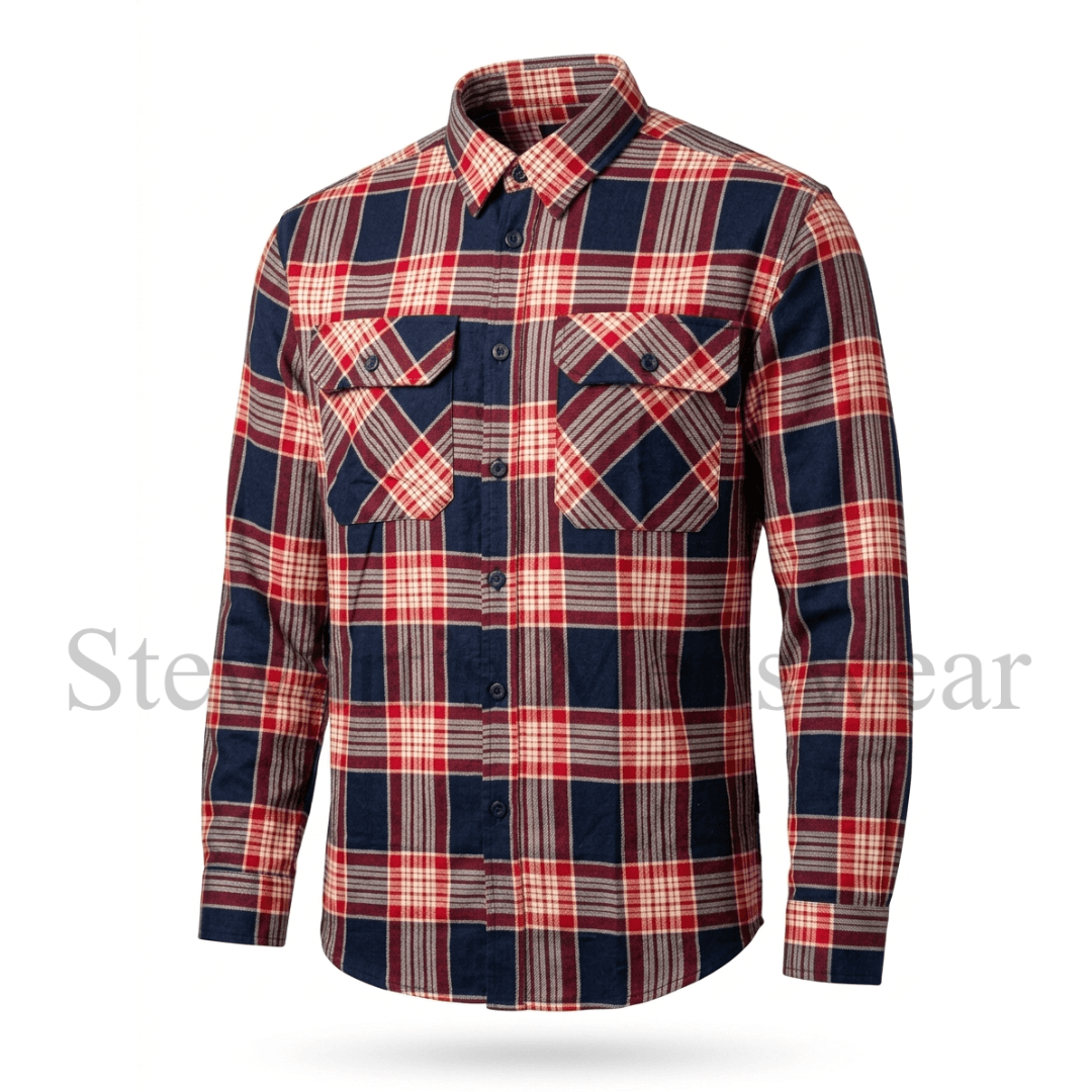 Pilgrim Men's flannelette shirt in Red and Navy plaid available from Stewart's Menswear, Mullumbimby.