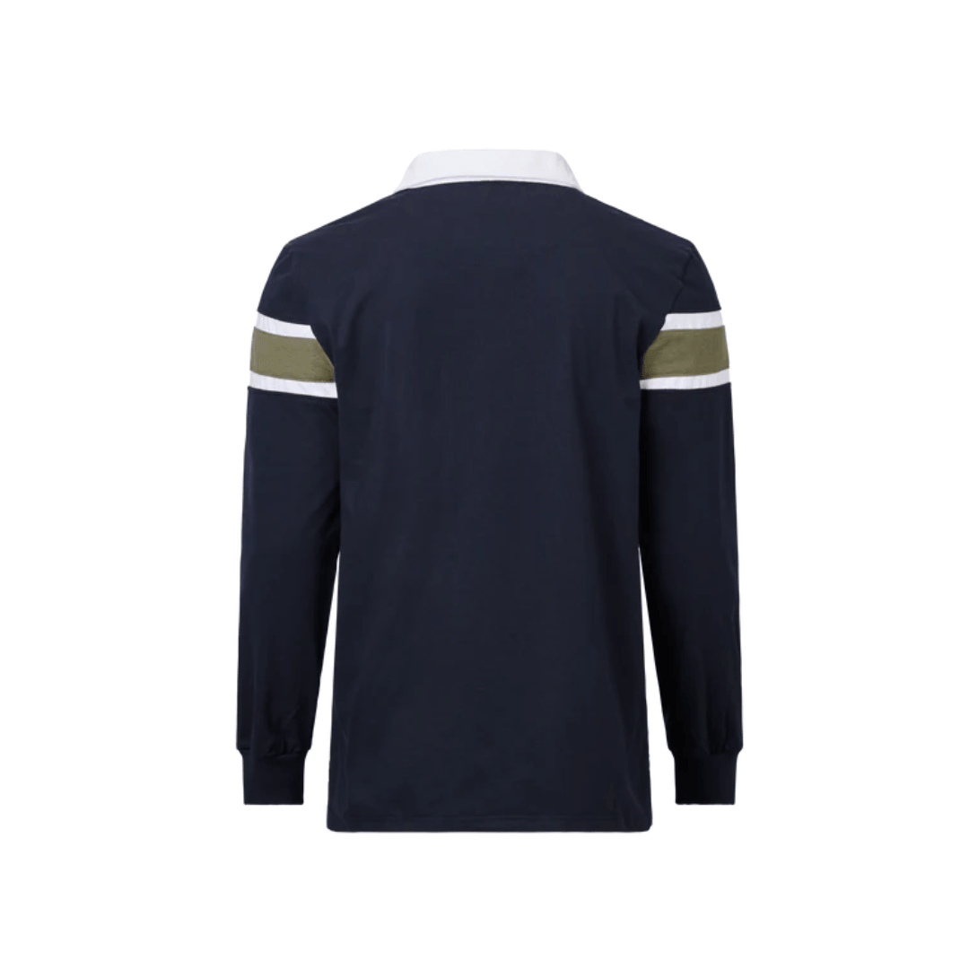 Back view of a classic navy with green and white  stripe men's long sleeve rugby top with a white contrast collar available at Stewart's Menswear Mullumbimby.