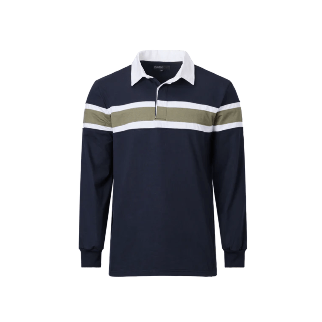 Front view of a classic navy with green and white  stripe men's long sleeve rugby top with a white contrast collar available at Stewart's Menswear Mullumbimby.