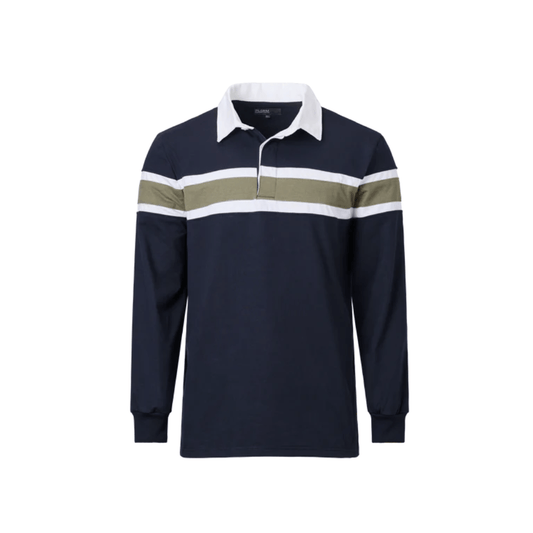 Front view of a classic navy with green and white  stripe men's long sleeve rugby top with a white contrast collar available at Stewart's Menswear Mullumbimby.