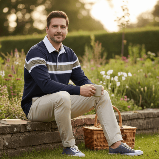 Man sitting in a garden holding a coffee cup, surrounded by a garden. Man is wearing classic navy with green and white  stripe men's long sleeve rugby top with a white contrast collar available at Stewart's Menswear Mullumbimby.