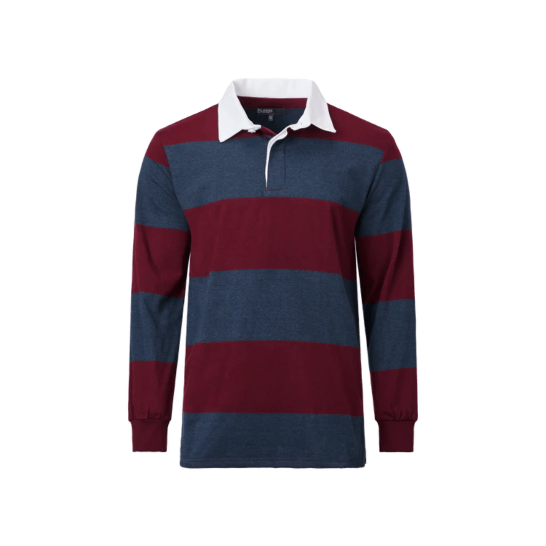 Front view of a classic navy and wine striped men's long sleeve rugby top with a white contrast collar available at Stewart's Menswear Mullumbimby.