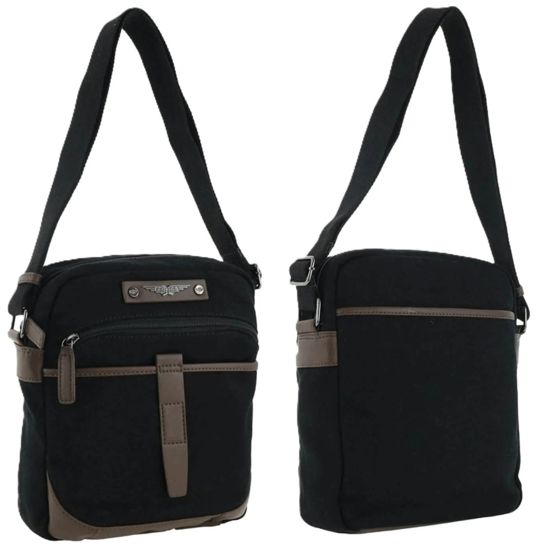 Black coloured Police canvas cross body bag available from Stewarts Menswear, Mullumbimby. 