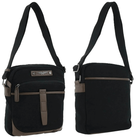 Black coloured Police canvas cross body bag available from Stewarts Menswear, Mullumbimby. 