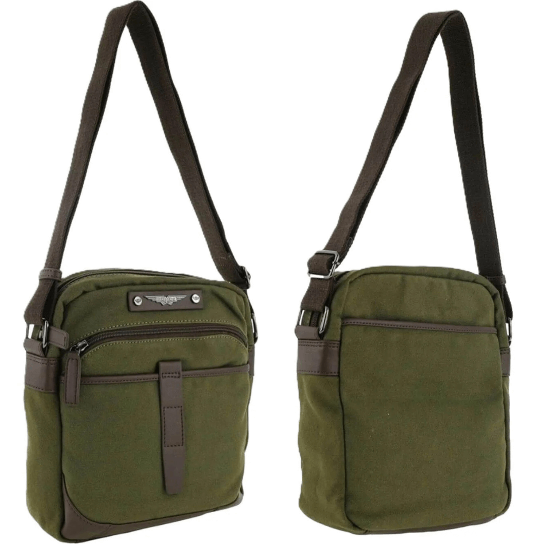 Olive coloured Police canvas cross body bag available from Stewarts Menswear, Mullumbimby. 