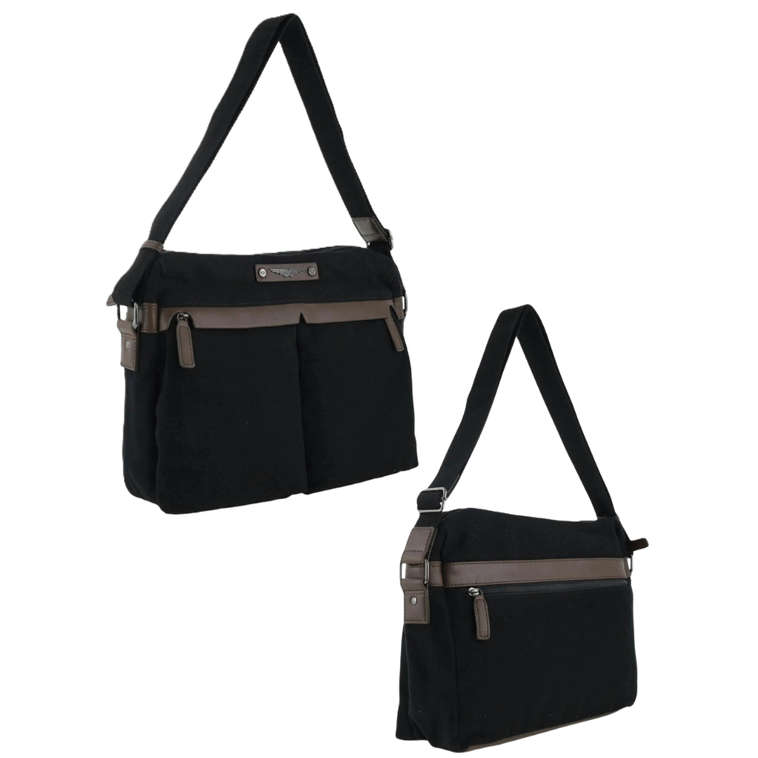 Black Police canvas messenger bag available at Stewart's Menswear, Mullumbimby