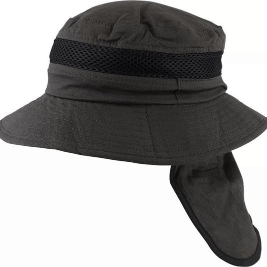 Avenel hats polyester lightweight mesh bucket hat with neck flap in khaki available from Stewart's Menswear, Mullumbimby