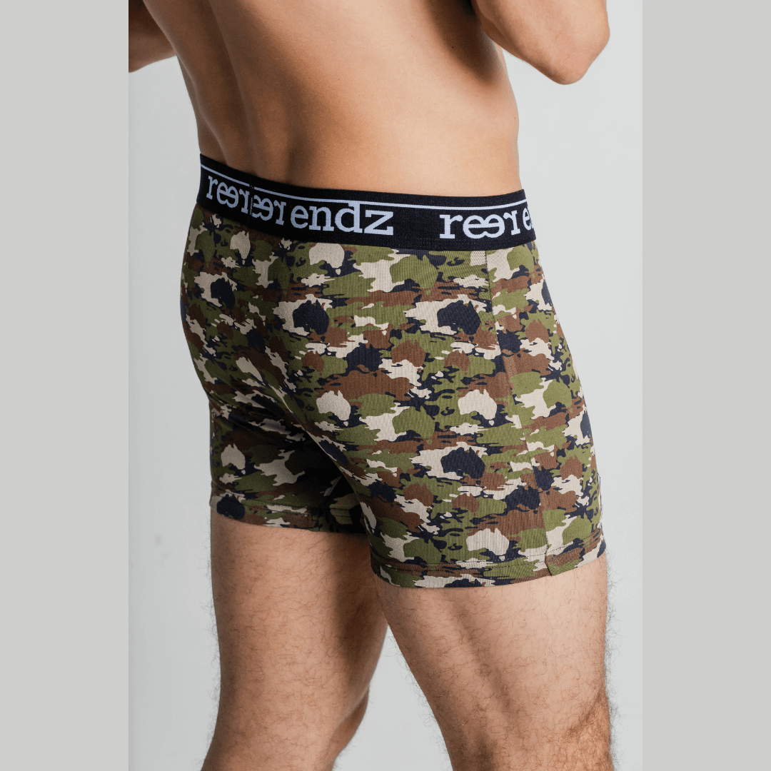 Stewarts Menswear Reer Endz organic cotton underwear. Incognito is a classic camo print trunk with a difference. It has tiny maps of Australian hidden within the camo pattern. Photo is close up of model wearing Reer Endz Incognito underwear.