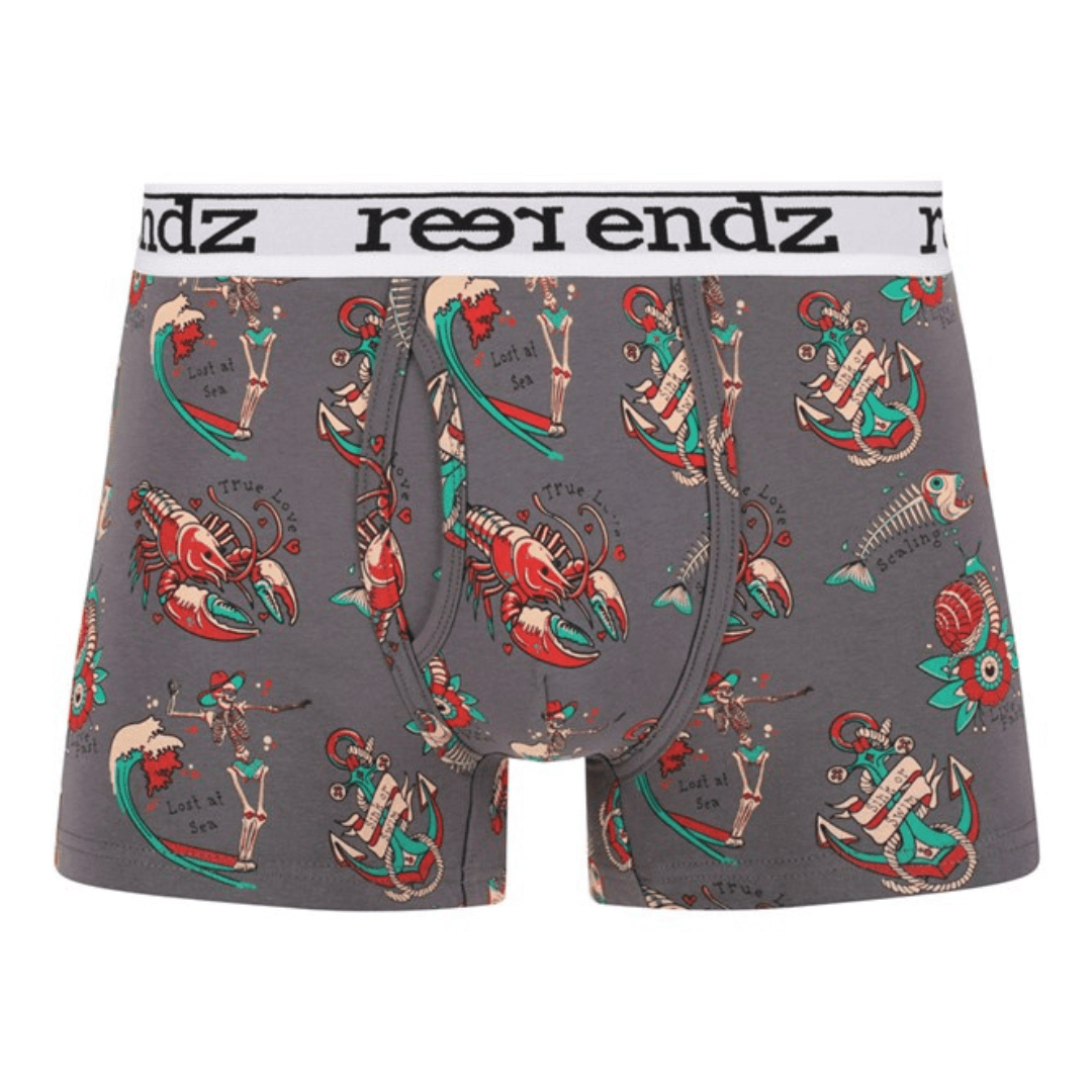 Reer Endz organic cotton underwear. Front view of gray boxer briefs with colorful lobster tattoo inspired design and 'reer endz' branding available at Stewarts Menswear in Mullumbimby