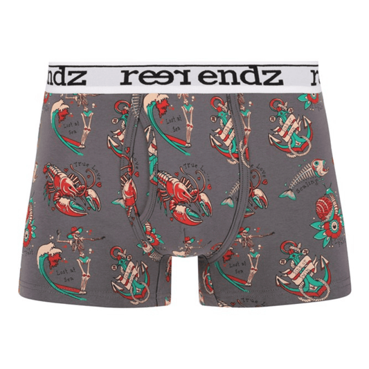 Reer Endz organic cotton underwear. Front view of gray boxer briefs with colorful lobster tattoo inspired design and 'reer endz' branding available at Stewarts Menswear in Mullumbimby