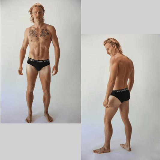 Stewarts Menswear Reer Endz Underwear. Made from organic cotton. Two images of model wearing black briefs, both back and front views.