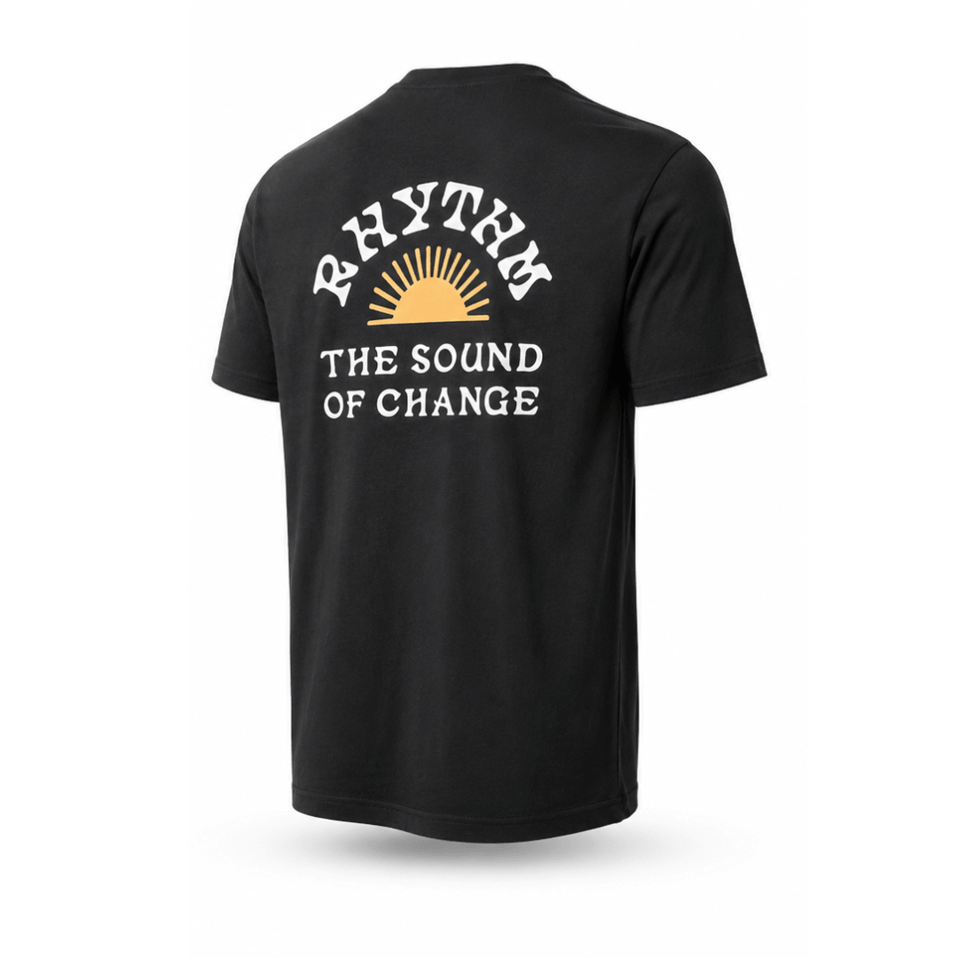 Stewarts Menswear, Mullumbimby. Rhythm Livin Awake Tee-shirt. Colour is black. Photo shows  Rhythm Awake T-shirt, back view. Rhythm logo with sun print and the words "The sound of change"