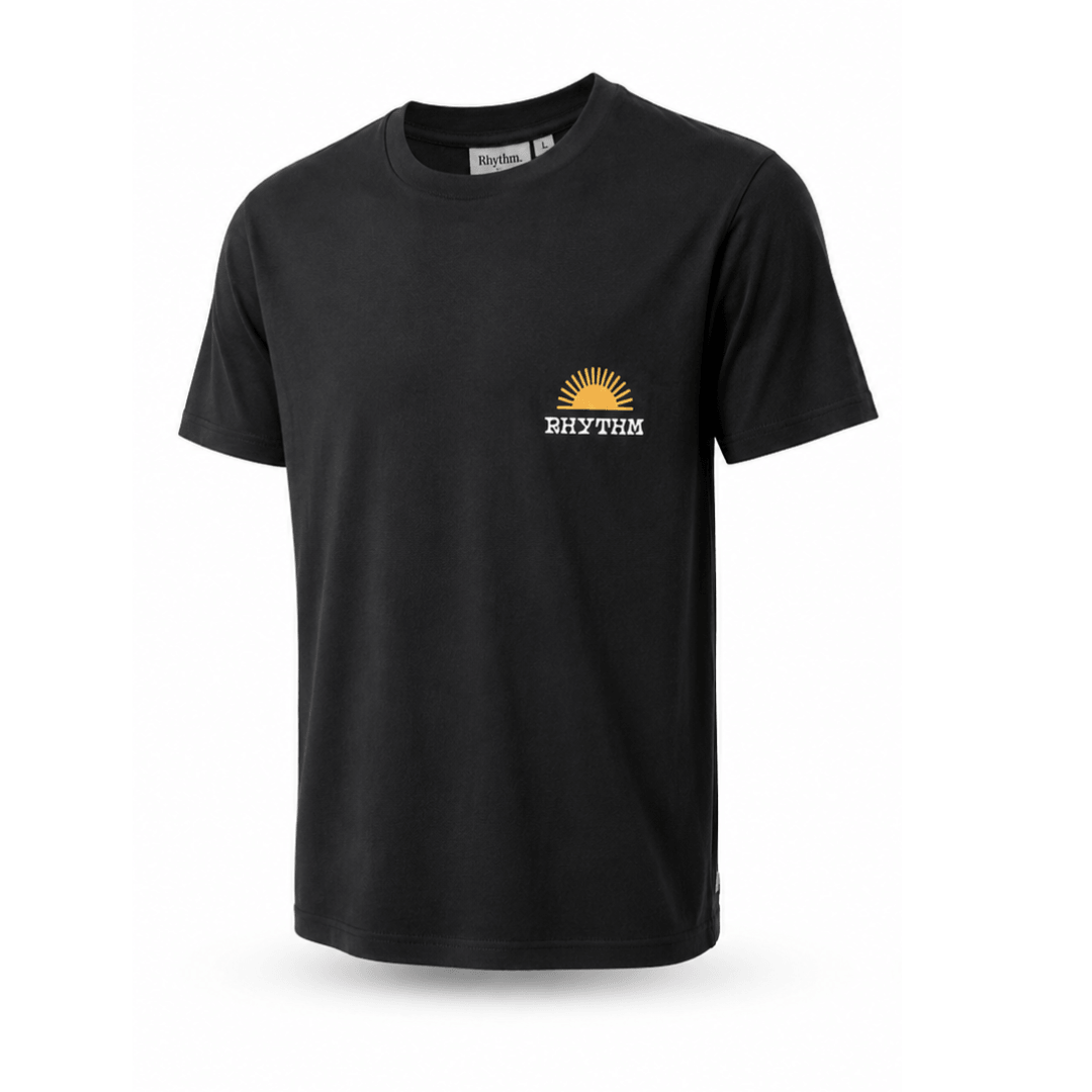 Stewarts Menswear, Mullumbimby. Rhythm Livin Awake Tee-shirt. Colour is black. Photo shows Rhythm Awake T-shirt, front view. Rhythm logo with sun print on left chest.