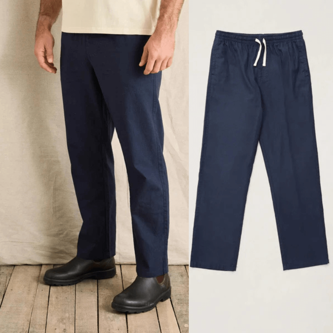 Model wearing Rhythm Linen Jam pant available from Stewart's Menswear in Mullumbimby.