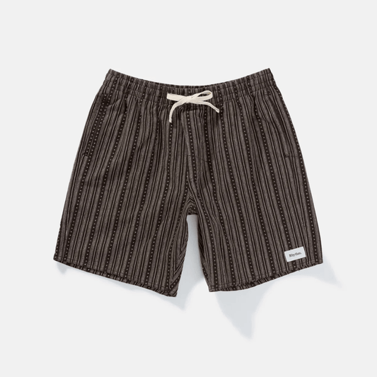 Stewarts Menswear Rhythm Livin Jacquard Linen Jam. Colour is dard brown with a unique stripe design. Photo shows flat lay image of shorts, front view.