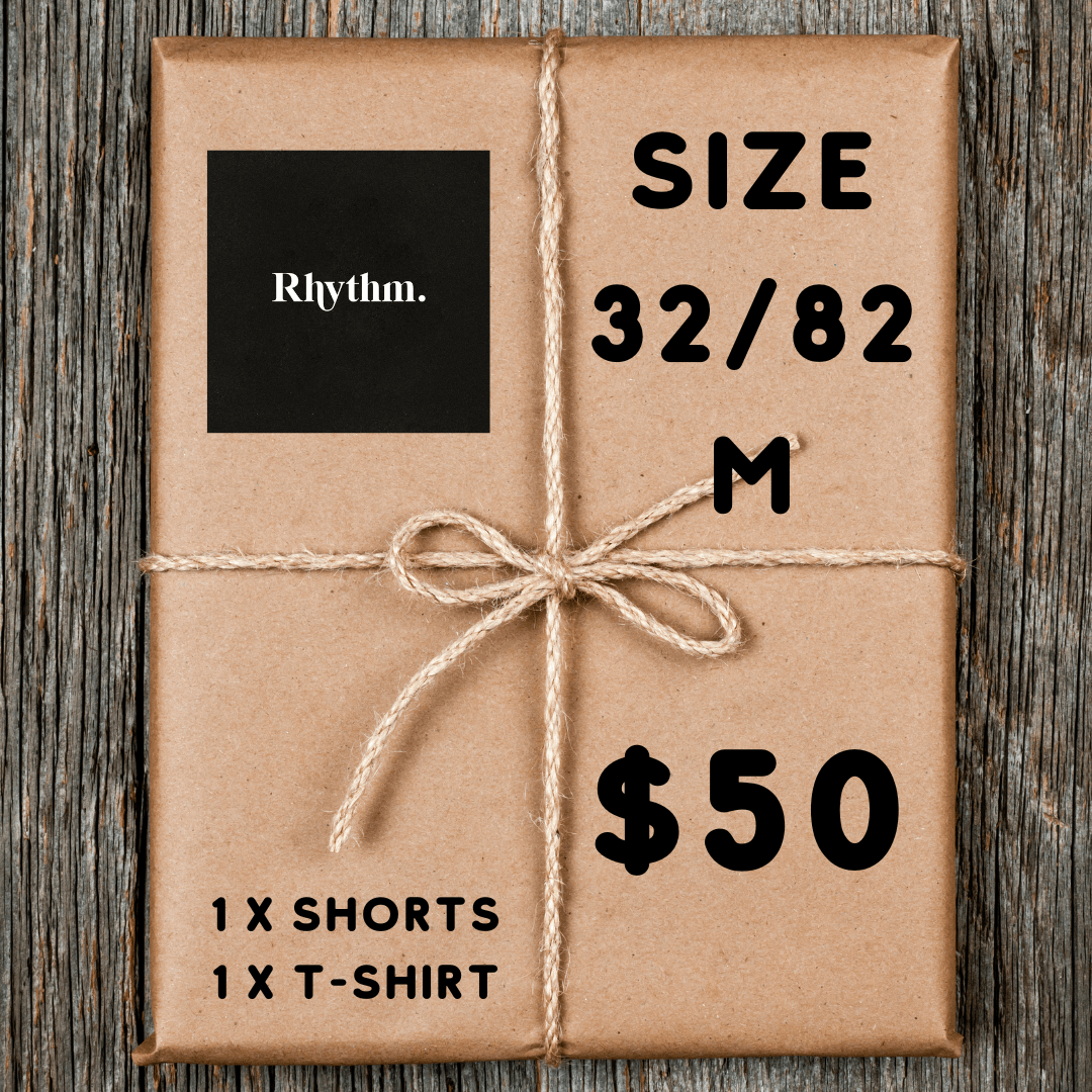 Rhythm shorts and tee Lucky Dip bundle in shorts size 32 and tee size M, bundled and available at Stewart's Menswear Mullumbimby.