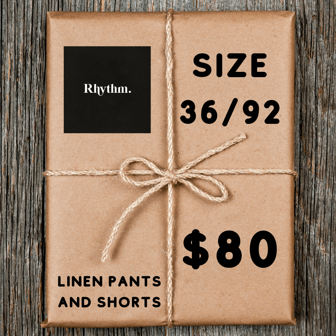Rhythm linen Lucky Dip bundle in waist 36, elastic waist linen shorts and pants bundled and available at Stewart's Menswear Mullumbimby.