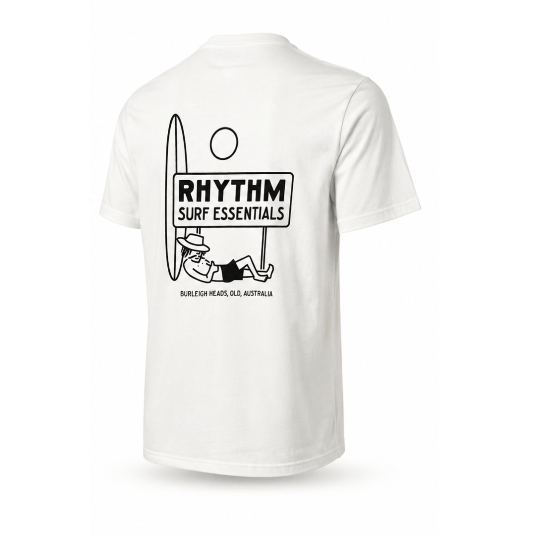 White Rhythm Siesta Tee in standard fit with custom screen printed artwork on the back available at Stewart's Menswear, Mullumbimby