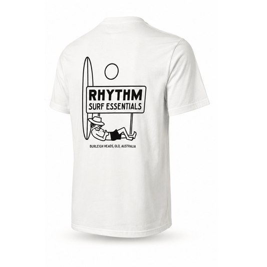 White Rhythm Siesta Tee in standard fit with custom screen printed artwork on the back available at Stewart's Menswear, Mullumbimby