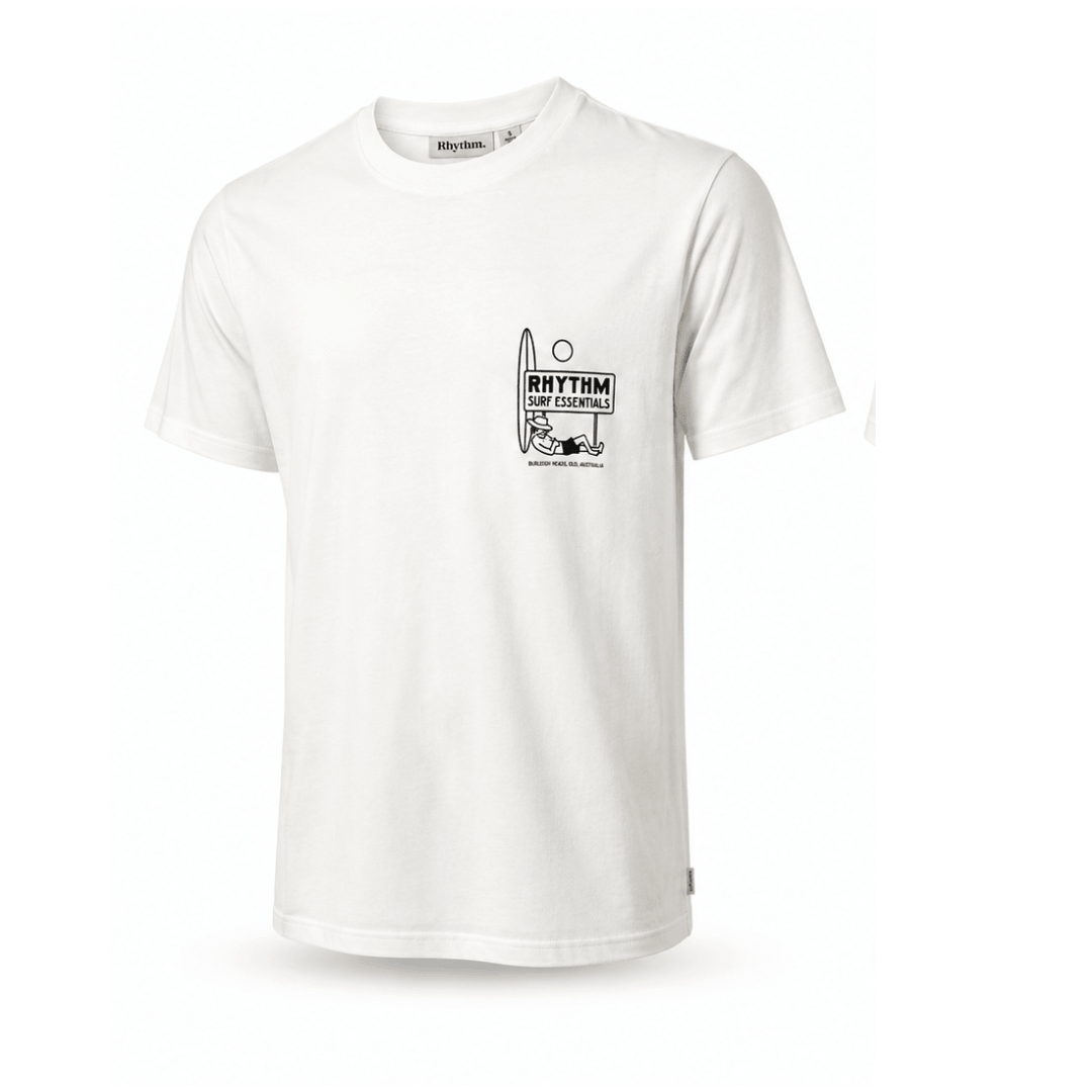 White Rhythm Siesta Tee in standard fit with custom screen printed artwork on the front left chest available at Stewart's Menswear, Mullumbimby