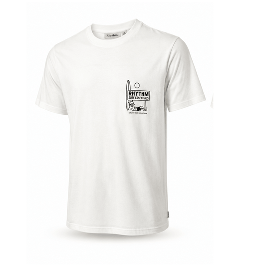 White Rhythm Siesta Tee in standard fit with custom screen printed artwork on the front left chest available at Stewart's Menswear, Mullumbimby