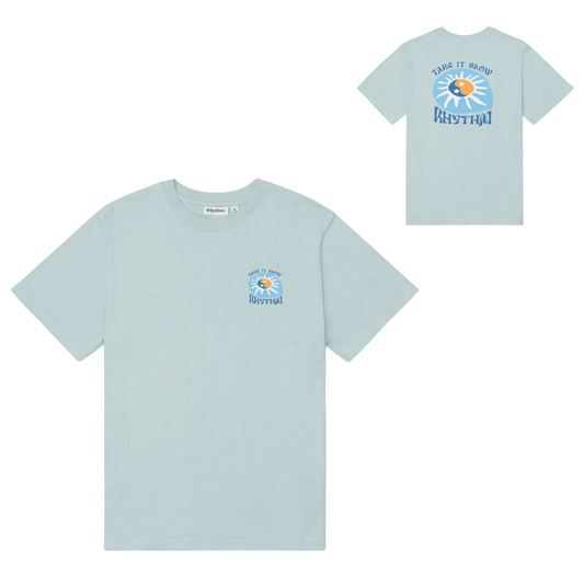 Slow Down Slub t-shirt available at Stewart's Menswear, Mullumbimby. Flat lay product photo showing both back and front views. Small print on front chest, large print on back.