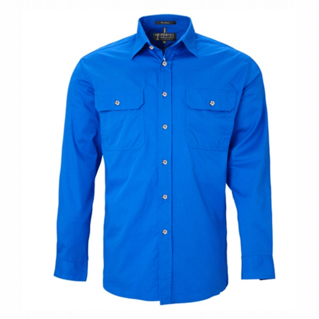 Stewart's Menswear Ritemate Workwear Pilbara open front cotton workshirt - cobalt. The Pilbara shirt by Ritemate workwear is designed for outdoor use. Made from mercerized, double pre-shrunk, 100% cotton twill with twin needle stitching and bar tacks for extra strength, this shirt is made to last. Sun protection with UPF 50+ rating that meets Australian standard. The lightweight 150gsm fabric keeps you cool and comfortable. Perfect for tradies, farmers, and anyone who works outdoors.