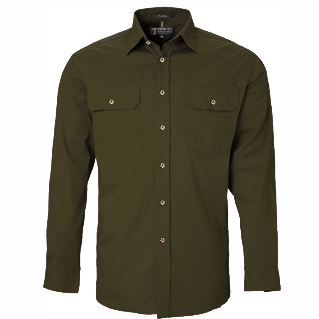 Stewart's Menswear Ritemate Workwear Pilbara open front cotton workshirt - Olive. The Pilbara shirt by Ritemate workwear is designed for outdoor use. Made from mercerized, double pre-shrunk, 100% cotton twill with twin needle stitching and bar tacks for extra strength, this shirt is made to last. Sun protection with UPF 50+ rating that meets Australian standard. The lightweight 150gsm fabric keeps you cool and comfortable. Perfect for tradies, farmers, and anyone who works outdoors.