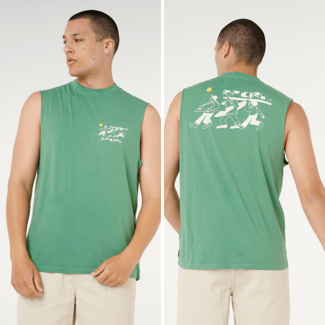 Front and back views of model wearing Rip Curl Ty Williams The Journey Muscle – 100% cotton men’s sleeveless tee with surf artwork, available at Stewart’s Menswear Mullumbimby. 