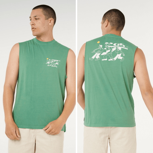 Front and back views of model wearing Rip Curl Ty Williams The Journey Muscle – 100% cotton men’s sleeveless tee with surf artwork, available at Stewart’s Menswear Mullumbimby. 