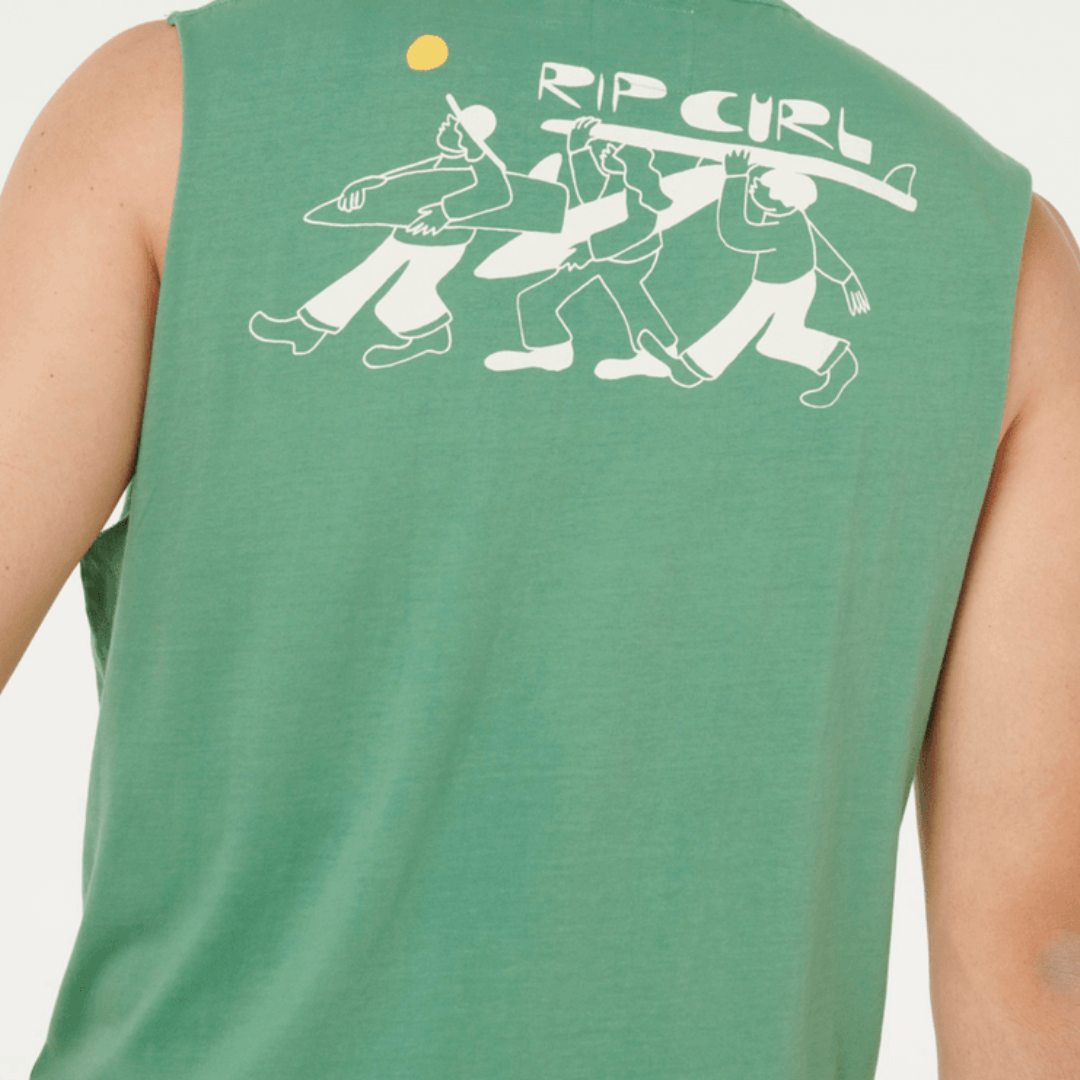 Close up view of model wearing Rip Curl Ty Williams The Journey Muscle – 100% cotton men’s sleeveless tee with surf artwork, available at Stewart’s Menswear Mullumbimby. 