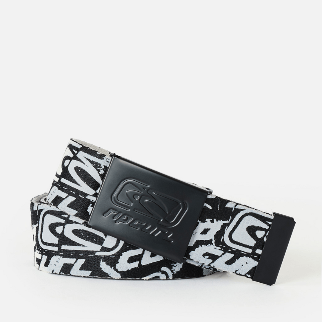 Rip Curl Archive Revo Webbing Belt in black and white reversible cotton webbing with embossed logo buckle, available at Stewart's Menswear Mullumbimby.