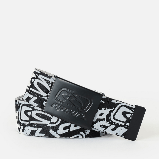 Rip Curl Archive Revo Webbing Belt in black and white reversible cotton webbing with embossed logo buckle, available at Stewart's Menswear Mullumbimby.