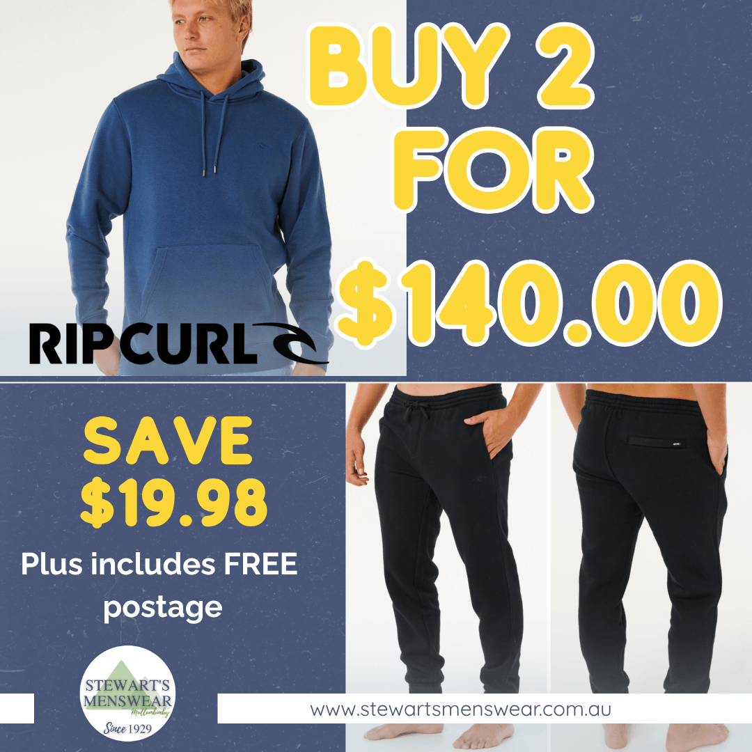 Rip Curl Classic Surf Hoodie and Trackpant bundle available at Stewart's Menswear Mullumbimby — 2 for $140 with free postage.