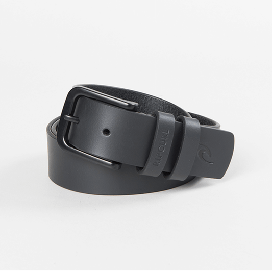 Rip Curl Cut Down premium leather belt. Black with metal buckle, double keepers and embossed Rip Curl Logo. Available at Stewart's Menswear, Mullumbimby 