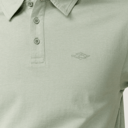 Close View of texture on Rip Curl Easy As Polo in sage green stripe, relaxed fit cotton polo shirt available at Stewart's Menswear Mullumbimby.