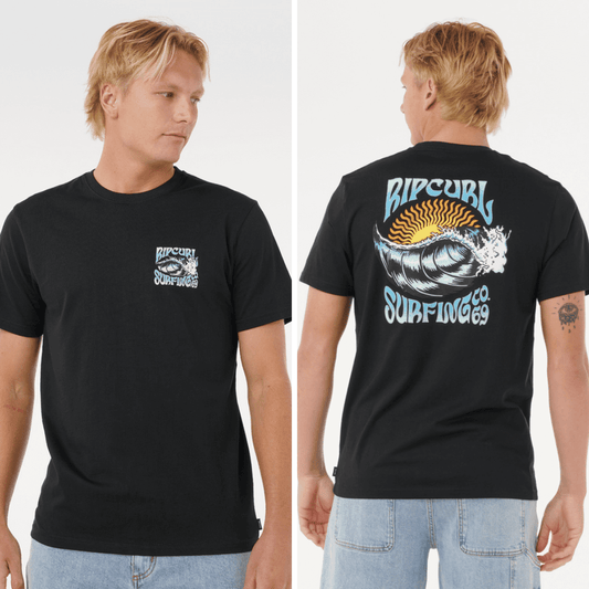 
Rip Curl Hazed &amp; Tubed T-Shirt. Black relaxed-fit cotton tee with front and back surf prints, available at Stewart’s Menswear Mullumbimby. Photo shows model wearing Rip Curl Hazed and Tubed Tee, both front and back views.