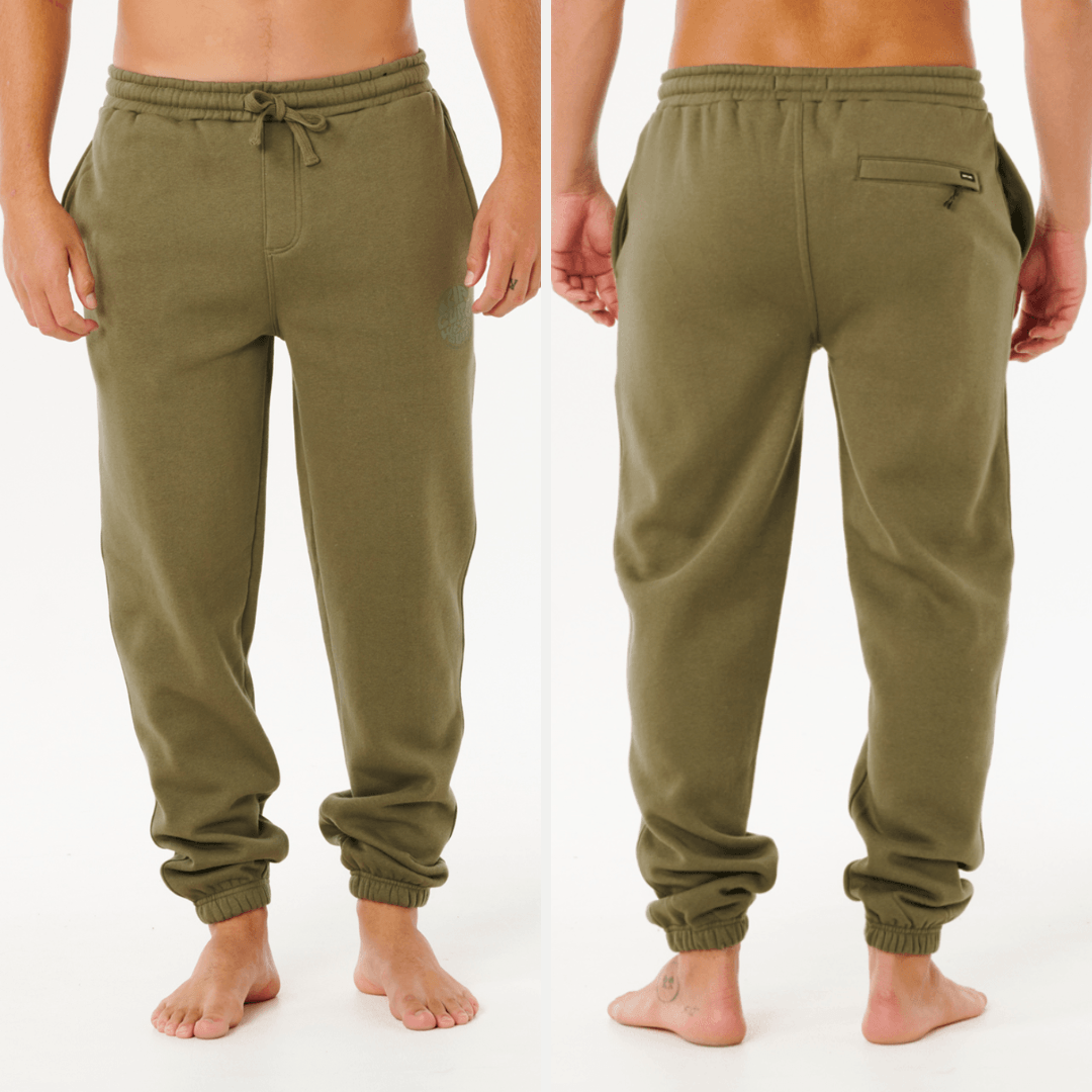 Olive green sweatpants shown from front and back on a white background. Rip Curl Icons of Surf trackpants in surplus green available from Stewart's Menswear, Mullumbimby