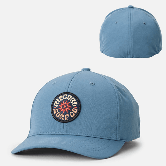 Rip Curl Pacific Rinse Flexfit Cap Bluefin, mid-profile structured cap with curved peak, available at Stewart’s Menswear Mullumbimby.