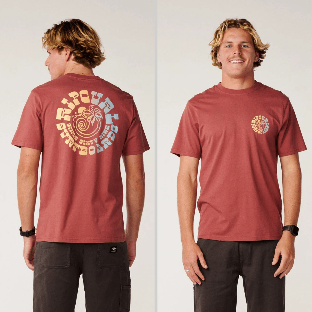 Front and Back views of the Rip Curl Pacific Rinse Spiral Tee in Apple Butter with circular Rip Curl Surfboards back print in yellow and blue, a relaxed fit cotton men's tee available at Stewart's Menswear Mullumbimby.