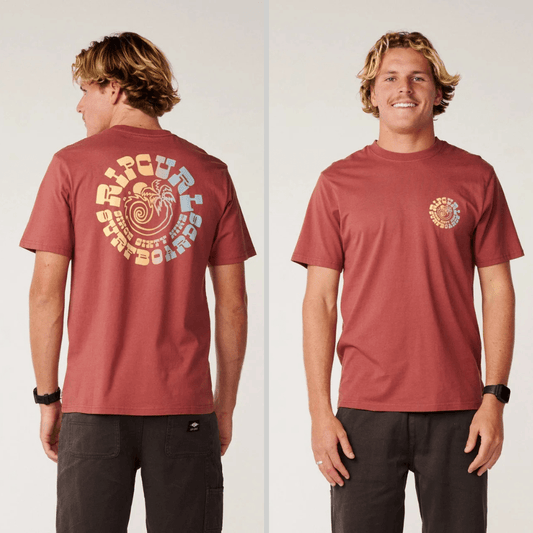 Front and Back views of the Rip Curl Pacific Rinse Spiral Tee in Apple Butter with circular Rip Curl Surfboards back print in yellow and blue, a relaxed fit cotton men's tee available at Stewart's Menswear Mullumbimby.