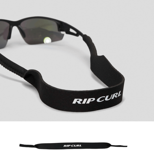 Rip Curl Revo Shades Hang Down, neoprene sunglass strap available at Stewart’s Menswear Mullumbimby. Black sunglasses strap with white RipCurl logo.