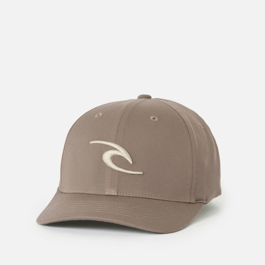 Stewarts Menswear, Mullumbimby. Product photo of Front of Rip Curl Tepan 2.0 Flexfit Cap. Cap Colour is walnut and tan coloured embroidered Rip Curl logo on front. Flexfit Cap - One size fits most.