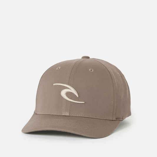 Stewarts Menswear, Mullumbimby. Product photo of Front of Rip Curl Tepan 2.0 Flexfit Cap. Cap Colour is walnut and tan coloured embroidered Rip Curl logo on front. Flexfit Cap - One size fits most.