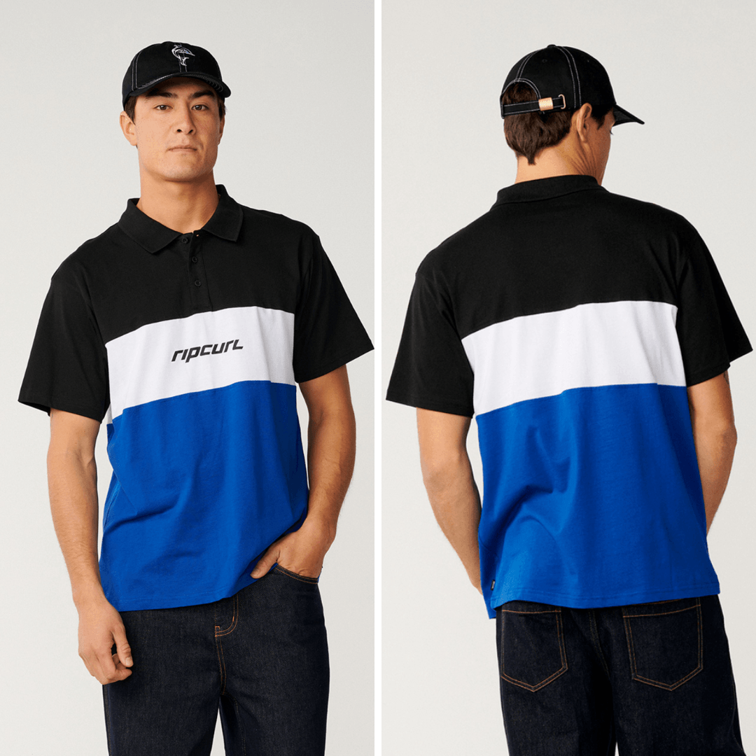 Rip Curl Undertow Panel Polo in Electric Cobalt, men's loose fit cotton polo with black, white and cobalt blue panels and Rip Curl chest print, available at Stewart's Menswear Mullumbimby.