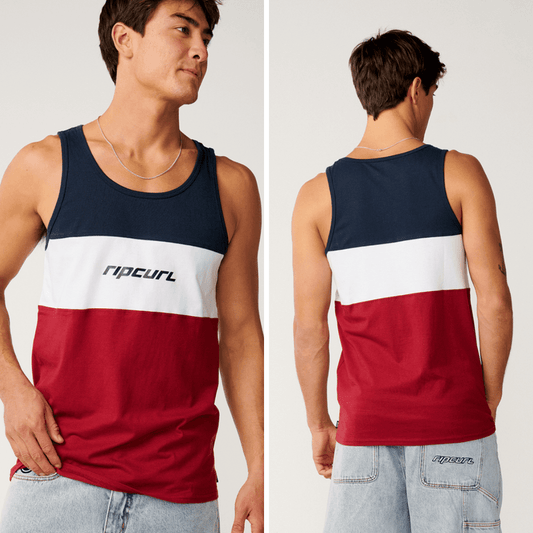 Front and back views of Rip Curl Undertow Tank in navy, white and red colour block with Rip Curl chest print, a cotton men's tank available at Stewart's Menswear Mullumbimby.
